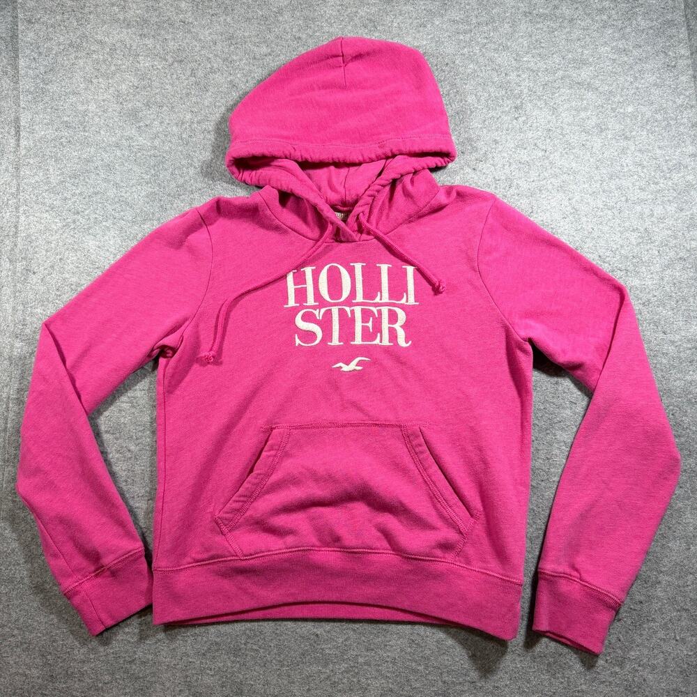 Hollister Hoodie Womens M Pink Embroidered Graphic Fleece Pullover Drawstring